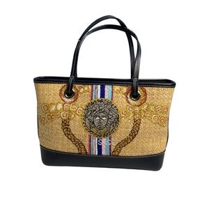 Ann Taylor Loft tweed hand painted small tote. Button snap closure/ metal feet.